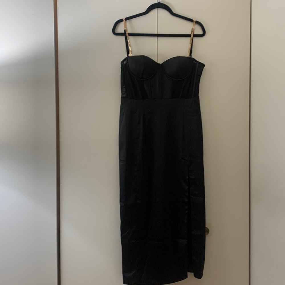 Meshki, size large black corset dress with gold chain straps, worn once